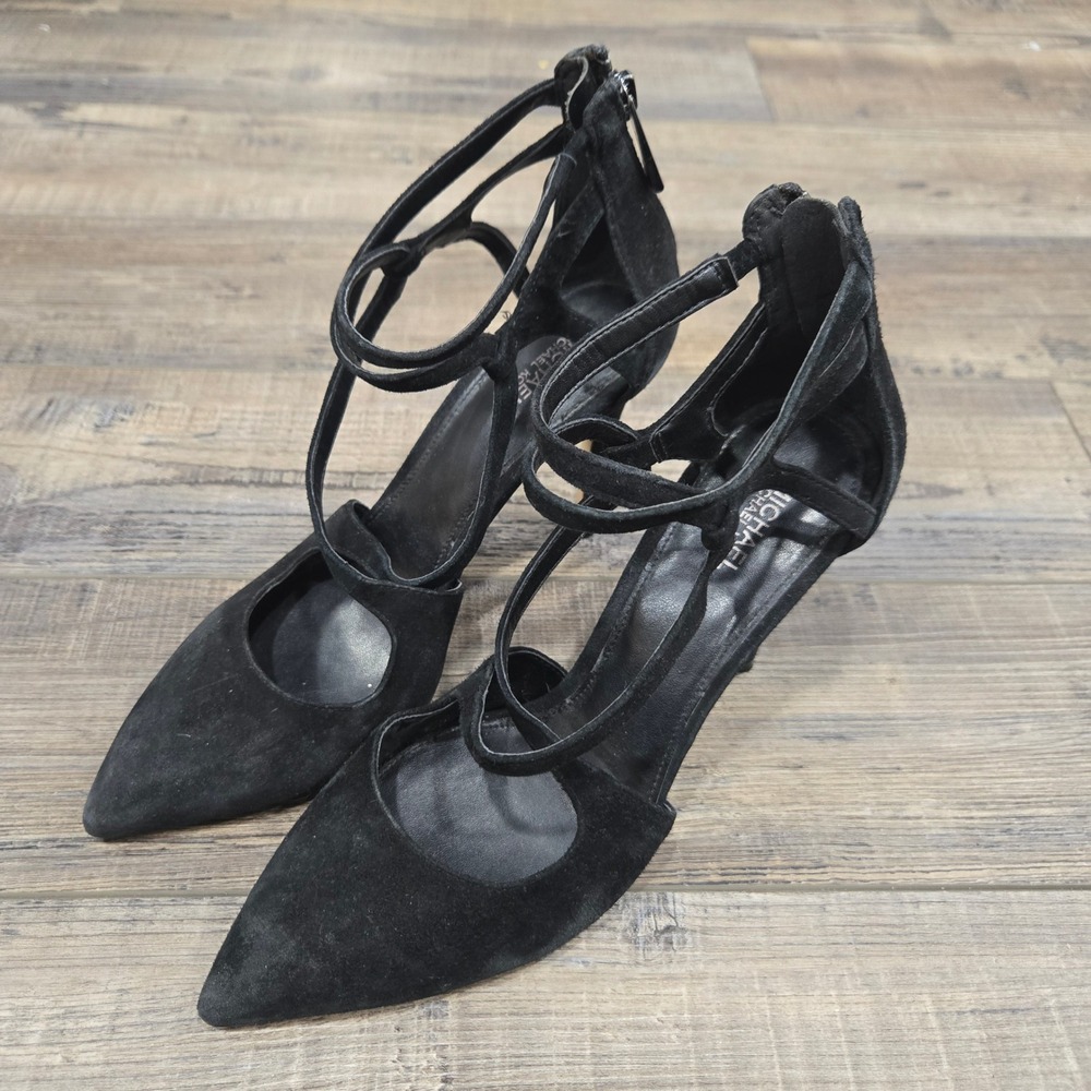 Michael Kors Black Suede Strappy Pointed Toe Pumps Stiletto Heels Size 8 Classic